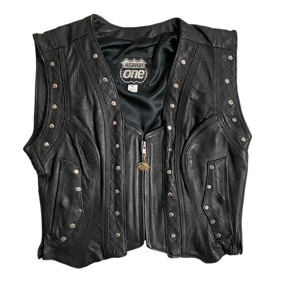 Highway One Black Studded Leather Zip Motorcycle Vest SZ M - Picture 1 of 11